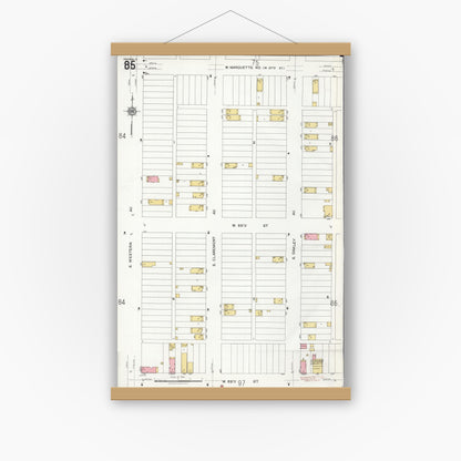 Old map wall art mockup — magnetic wood frame on white wall — Sanborn Fire Insurance Map from Chicago, Cook County, Illinois (1920), Sheet #0085