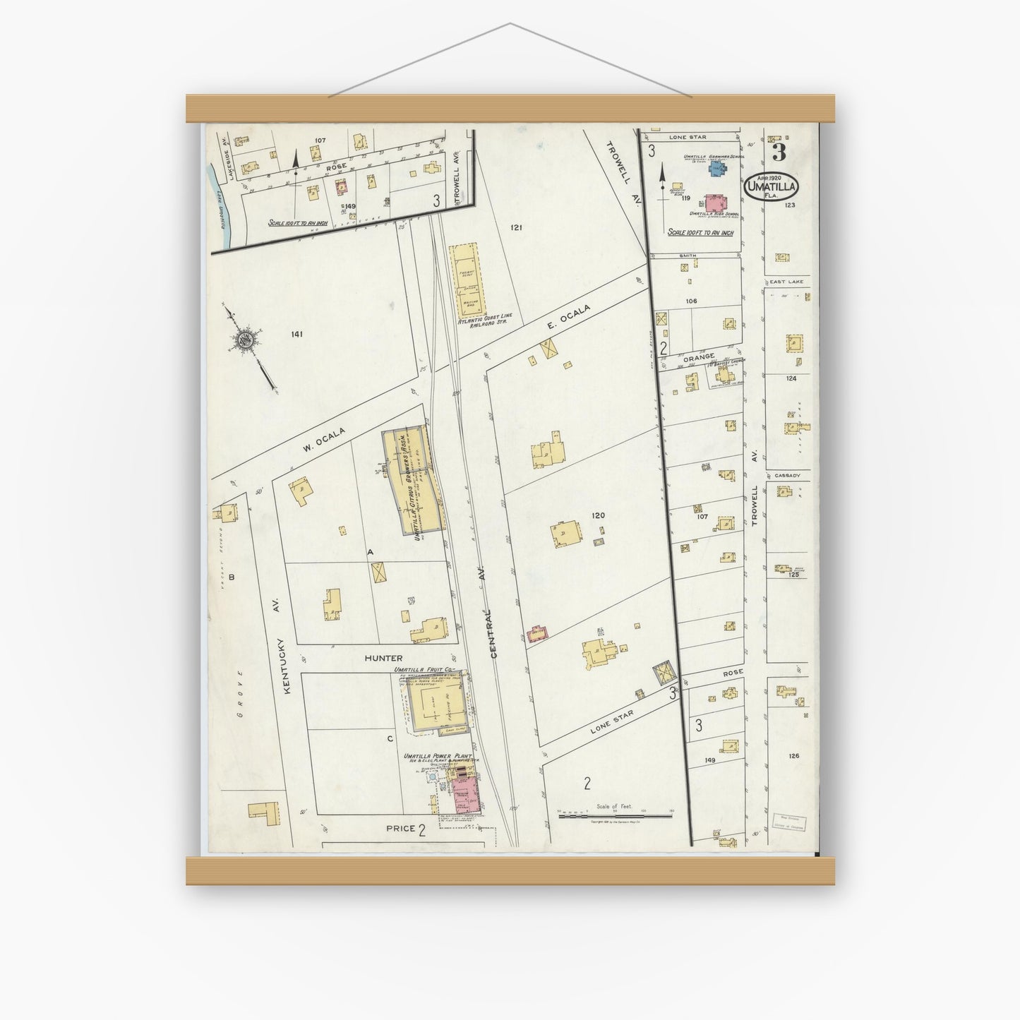 Old map wall art mockup — magnetic wood frame on white wall — Sanborn Fire Insurance Map from Umatilla, Lake County, Florida (1920), Sheet #0003
