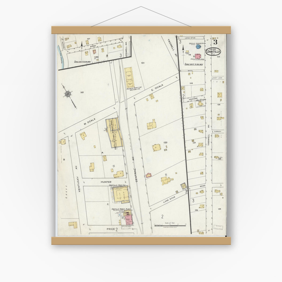 Old map wall art mockup — magnetic wood frame on white wall — Sanborn Fire Insurance Map from Umatilla, Lake County, Florida (1920), Sheet #0003