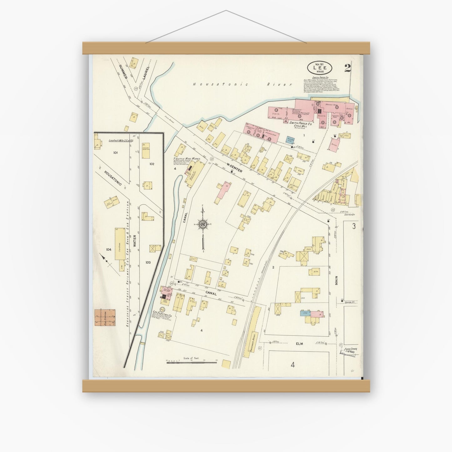 Old map wall art mockup — magnetic wood frame on white wall — Sanborn Fire Insurance Map from Lee, Berkshire County, Massachusetts (1911), Sheet #0002