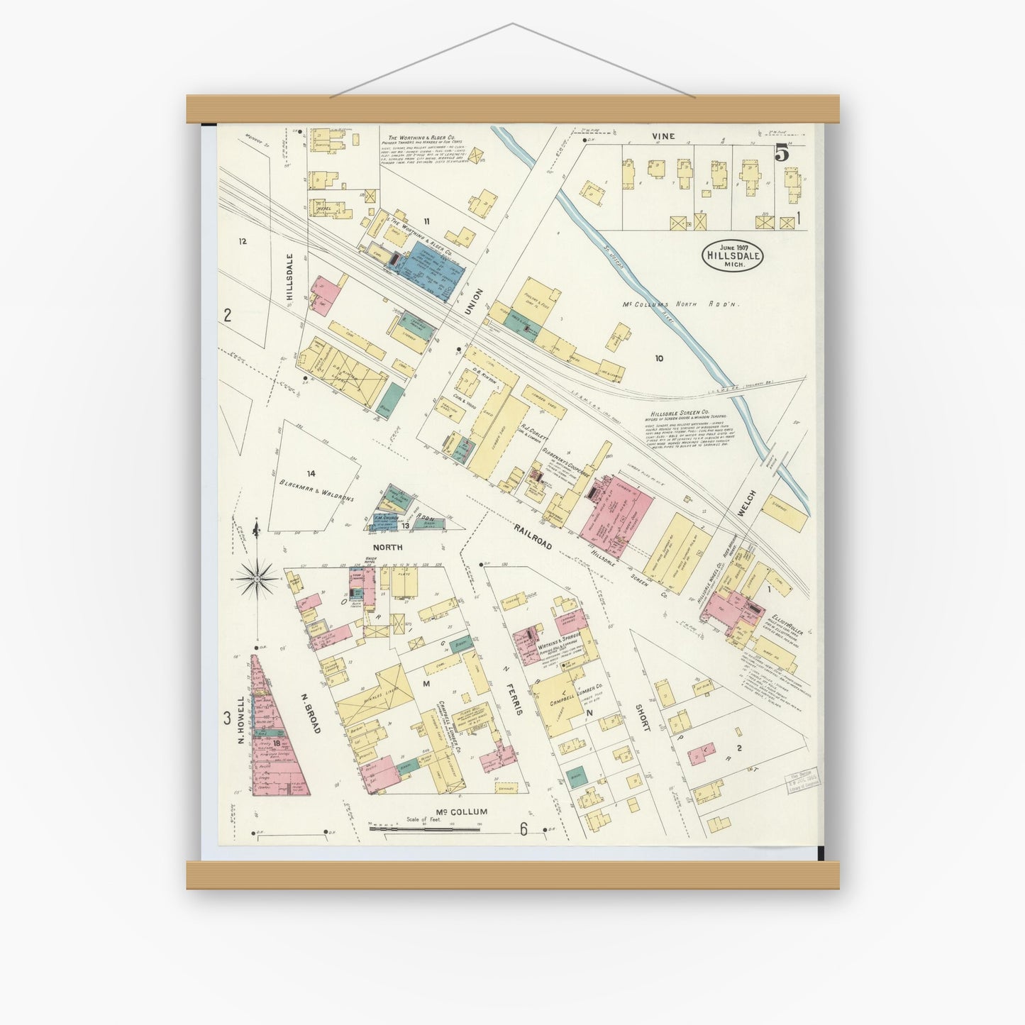 Old map wall art mockup — magnetic wood frame on white wall — Sanborn Fire Insurance Map from Hillsdale, Hillsdale County, Michigan (1907), Sheet #0005