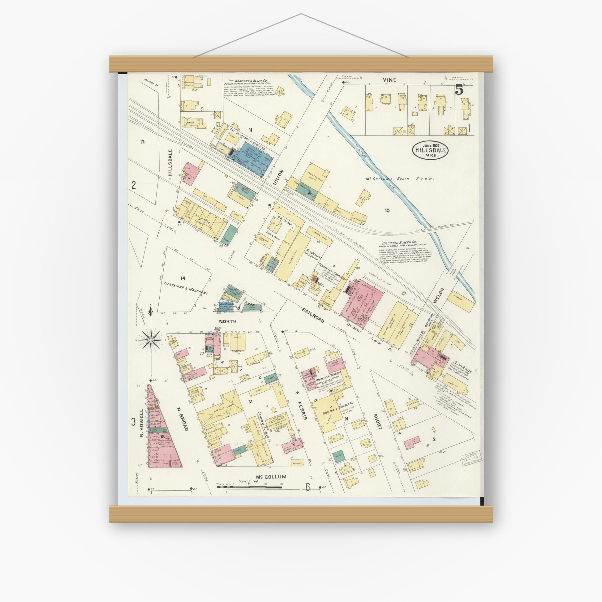 Old map wall art mockup — magnetic wood frame on white wall — Sanborn Fire Insurance Map from Hillsdale, Hillsdale County, Michigan (1907), Sheet #0005