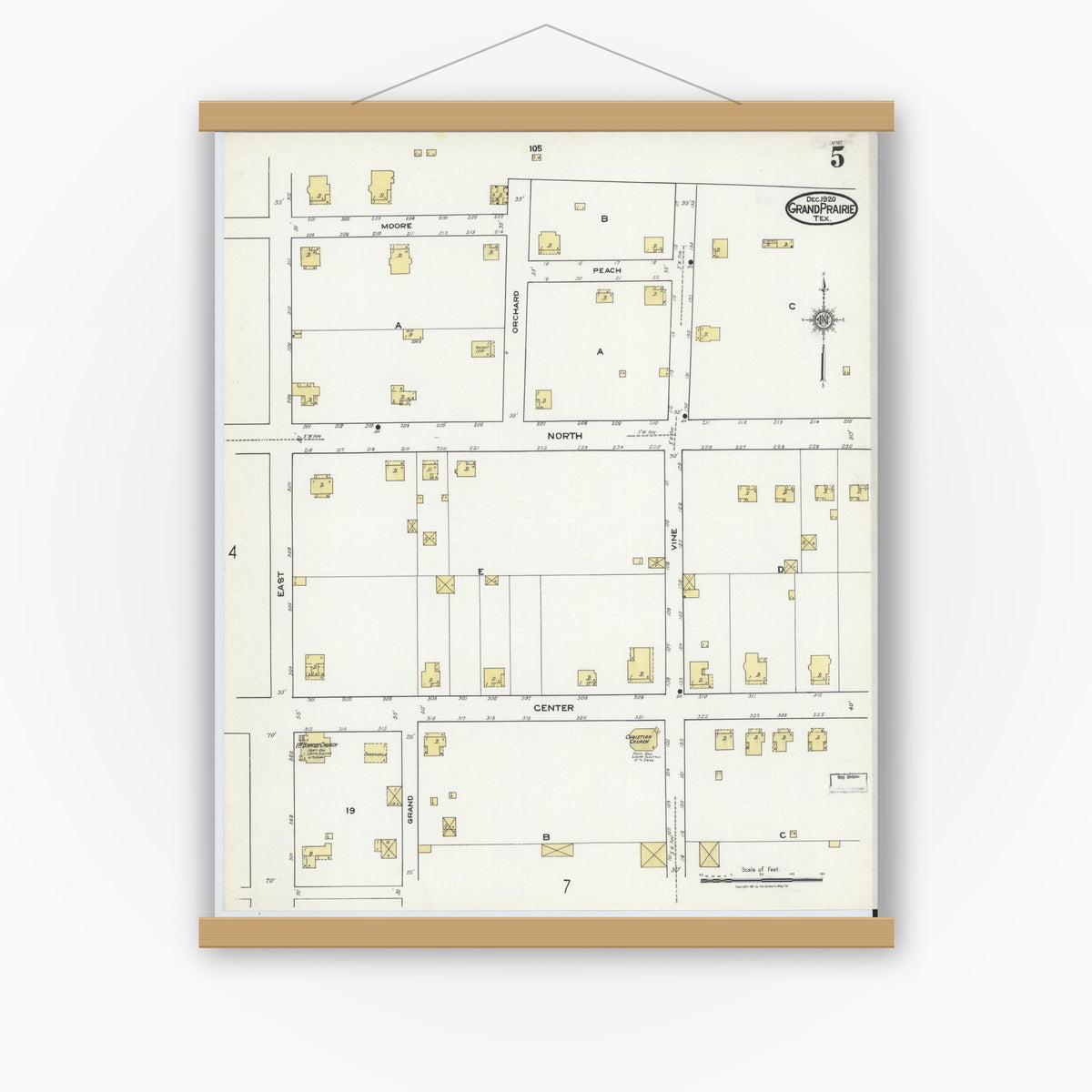 Old map wall art mockup — magnetic wood frame on white wall — Sanborn Fire Insurance Map from Grand Prairie, Dallas County, Texas (1920), Sheet #0005