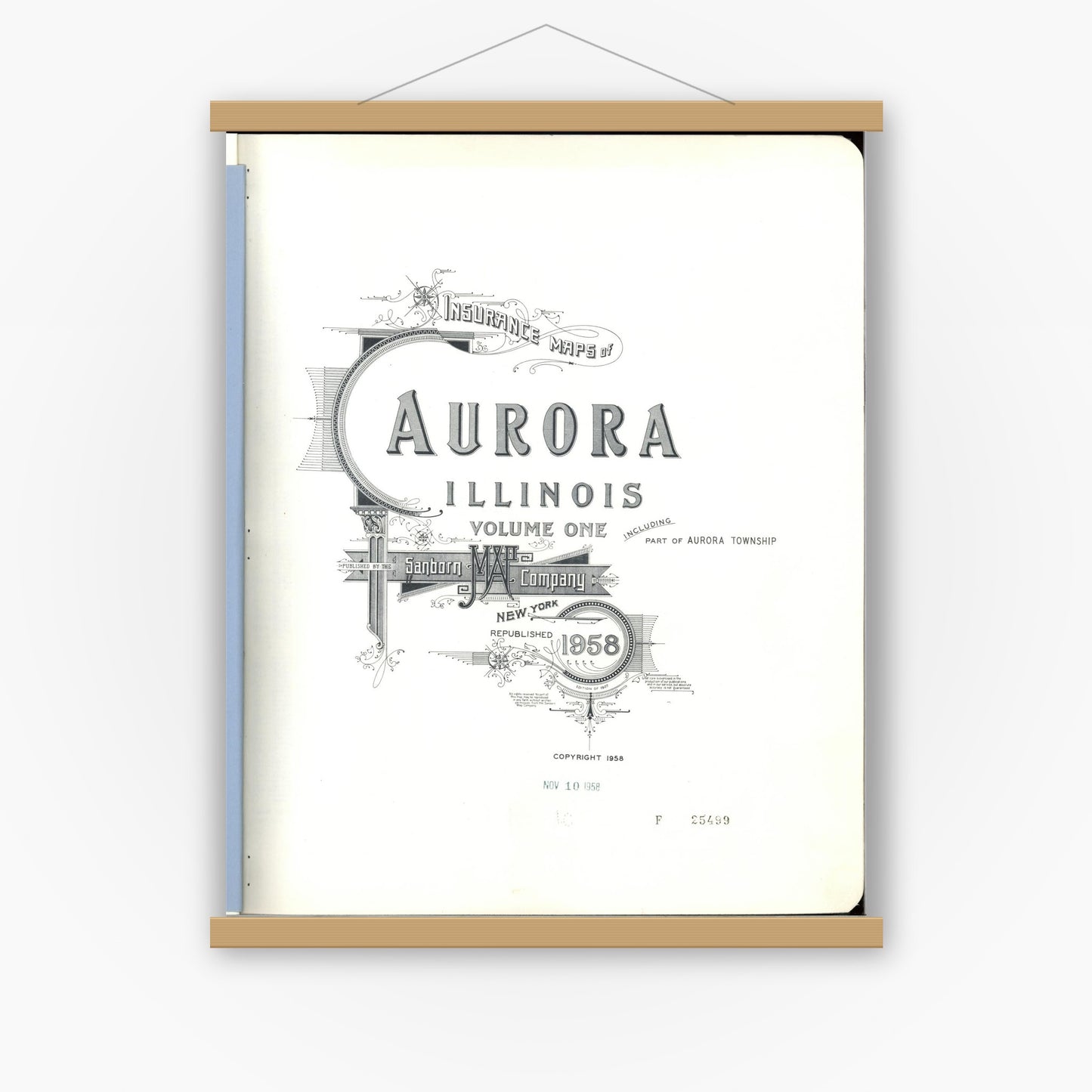 Old map wall art mockup — magnetic wood frame on white wall — Sanborn Fire Insurance Map from Aurora, Kane County, Illinois (1958) - Complete Map Set