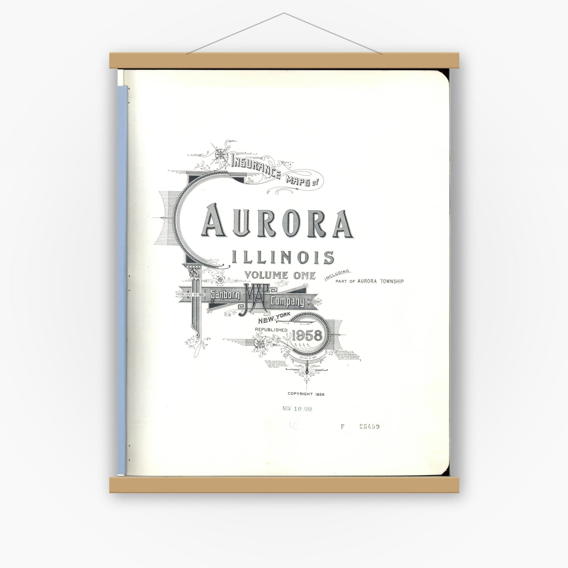 Old map wall art mockup — magnetic wood frame on white wall — Sanborn Fire Insurance Map from Aurora, Kane County, Illinois (1958) - Complete Map Set