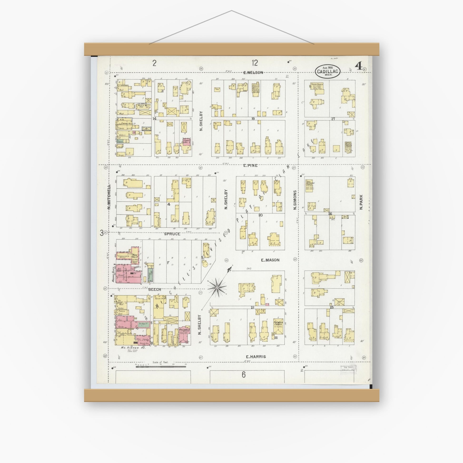 Old map wall art mockup — magnetic wood frame on white wall — Sanborn Fire Insurance Map from Cadillac, Wexford County, Michigan (1900), Sheet #0004