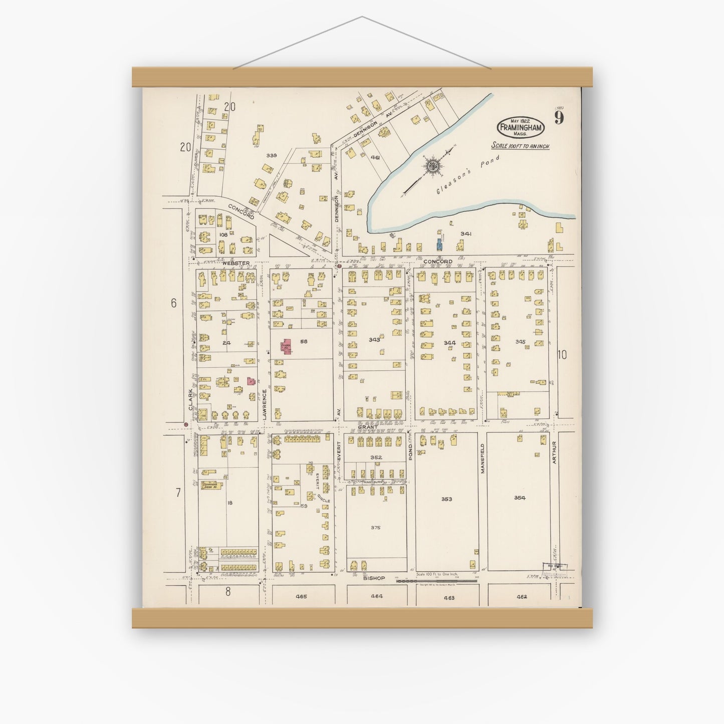 Old map wall art mockup — magnetic wood frame on white wall — Sanborn Fire Insurance Map from Framingham, Middlesex County, Massachusetts (1922), Sheet #0009