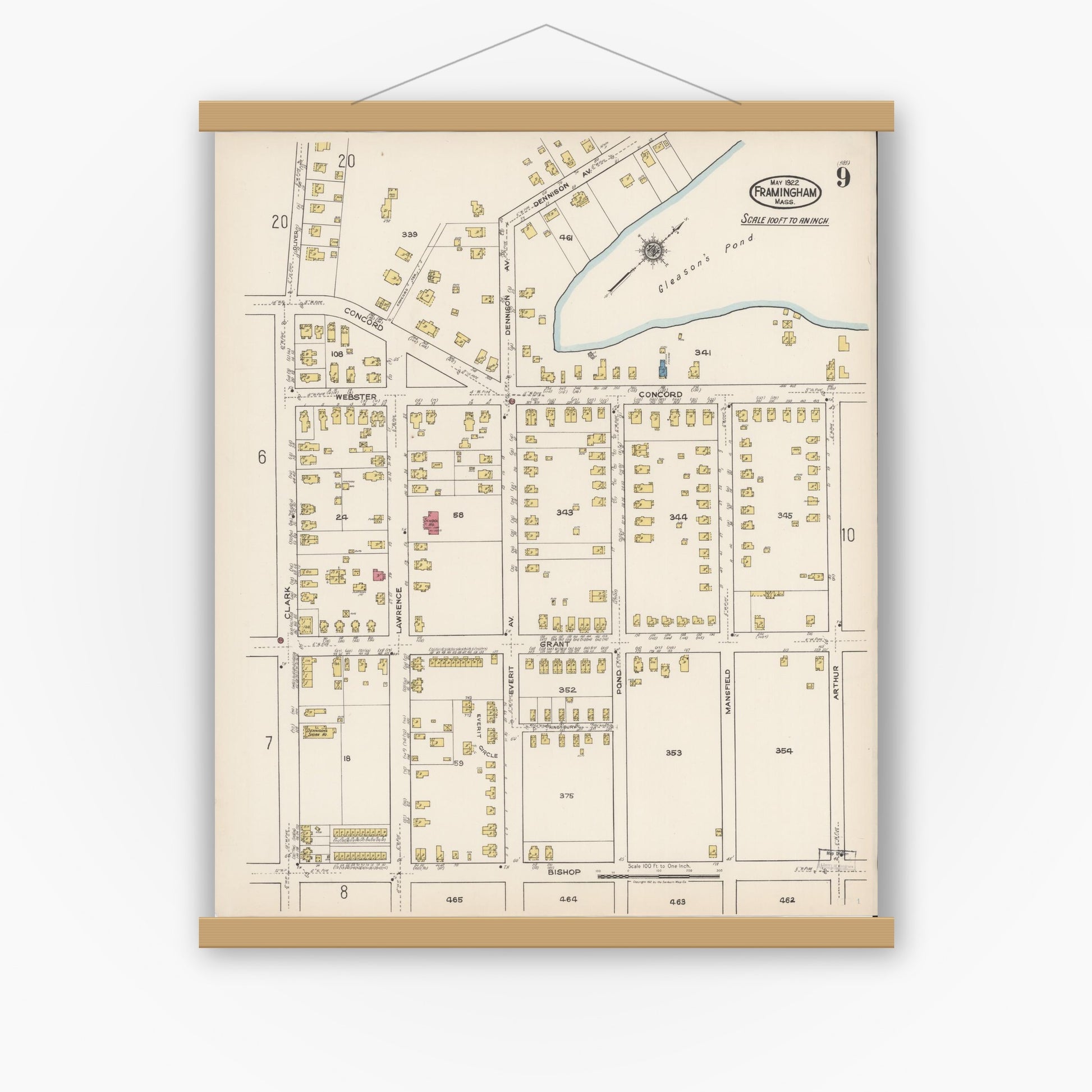 Old map wall art mockup — magnetic wood frame on white wall — Sanborn Fire Insurance Map from Framingham, Middlesex County, Massachusetts (1922), Sheet #0009