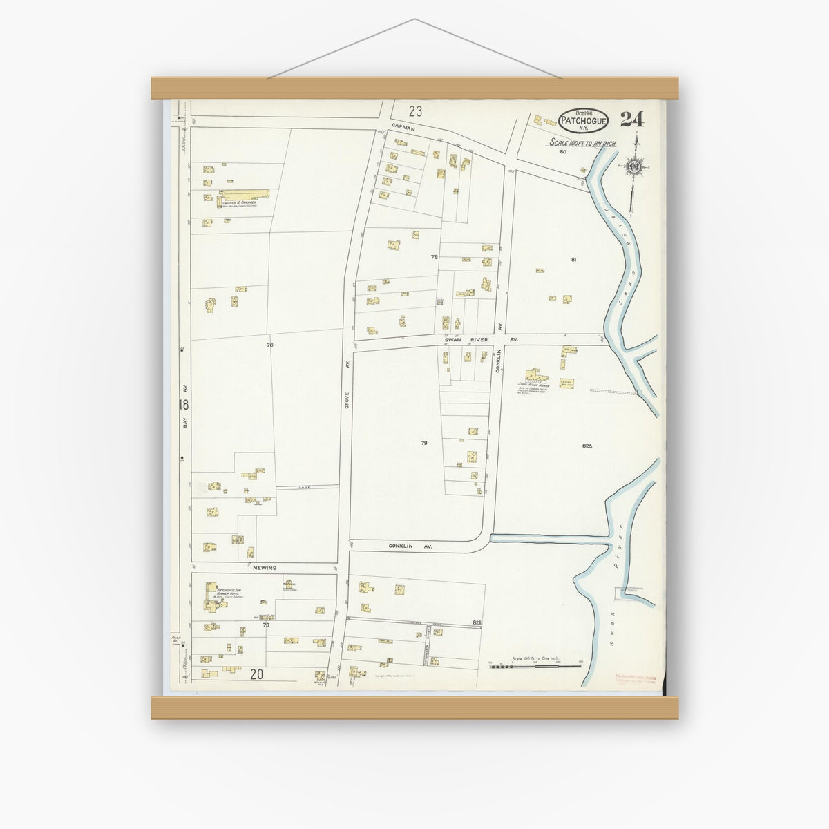 Old map wall art mockup — magnetic wood frame on white wall — Sanborn Fire Insurance Map from Patchogue, Suffolk County, New York (1916), Sheet #0024