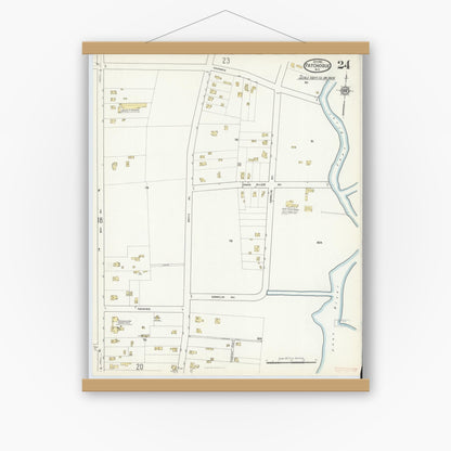Old map wall art mockup — magnetic wood frame on white wall — Sanborn Fire Insurance Map from Patchogue, Suffolk County, New York (1916), Sheet #0024