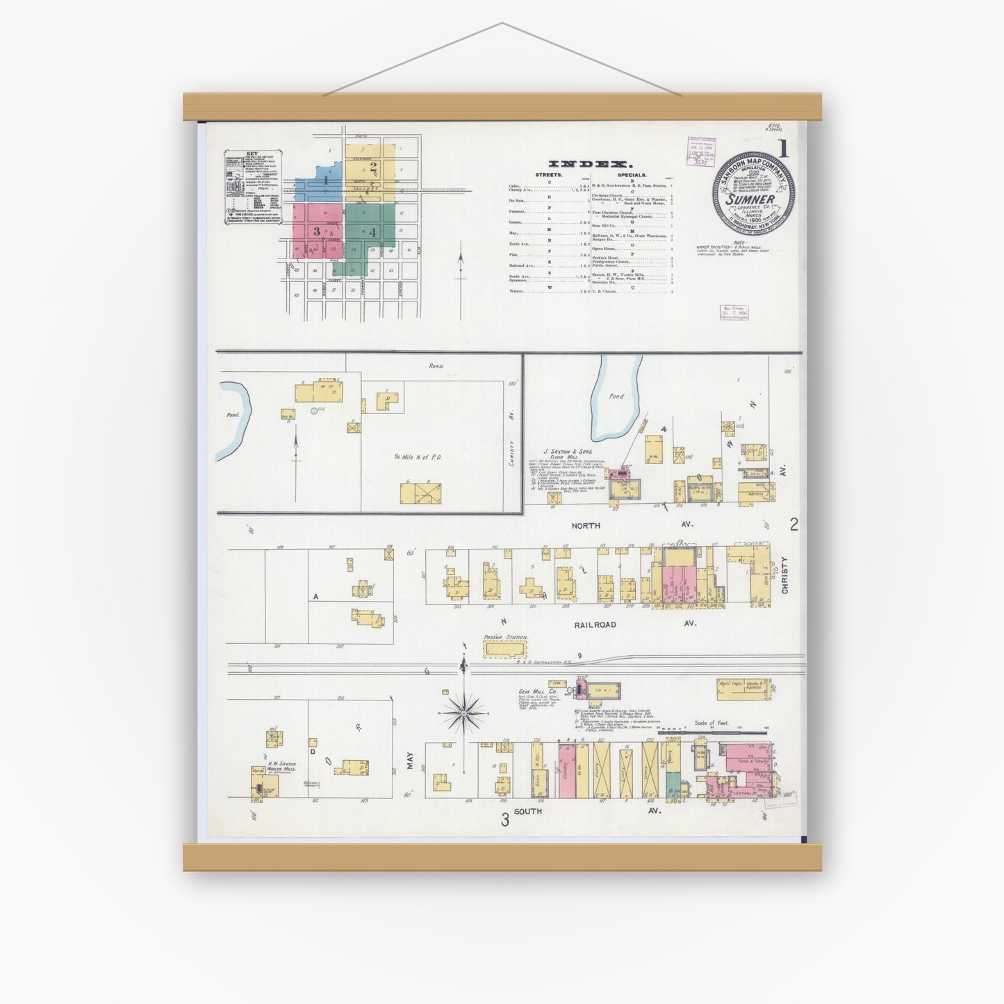 Old map wall art mockup — magnetic wood frame on white wall — Sanborn Fire Insurance Map from Sumner, Lawrence County, Illinois (1906) - Complete Map Set