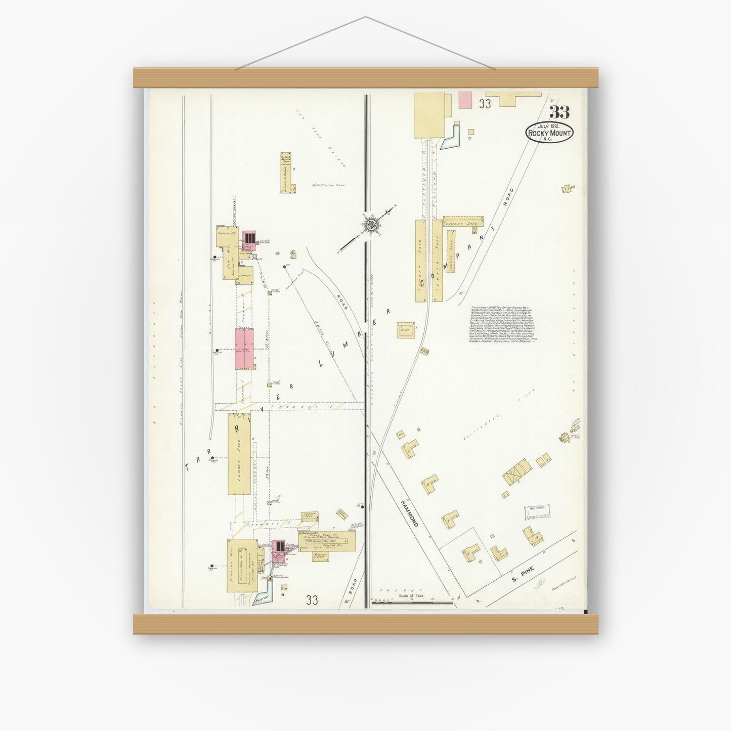 Old map wall art mockup — magnetic wood frame on white wall — Sanborn Fire Insurance Map from Rocky Mount, Edgecombe And Nash Counties, North Carolina (1912), Sheet #0033