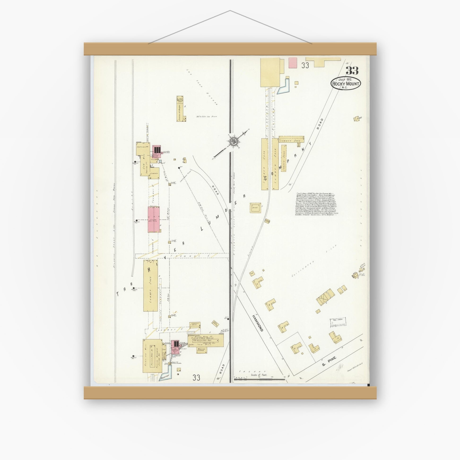 Old map wall art mockup — magnetic wood frame on white wall — Sanborn Fire Insurance Map from Rocky Mount, Edgecombe And Nash Counties, North Carolina (1912), Sheet #0033