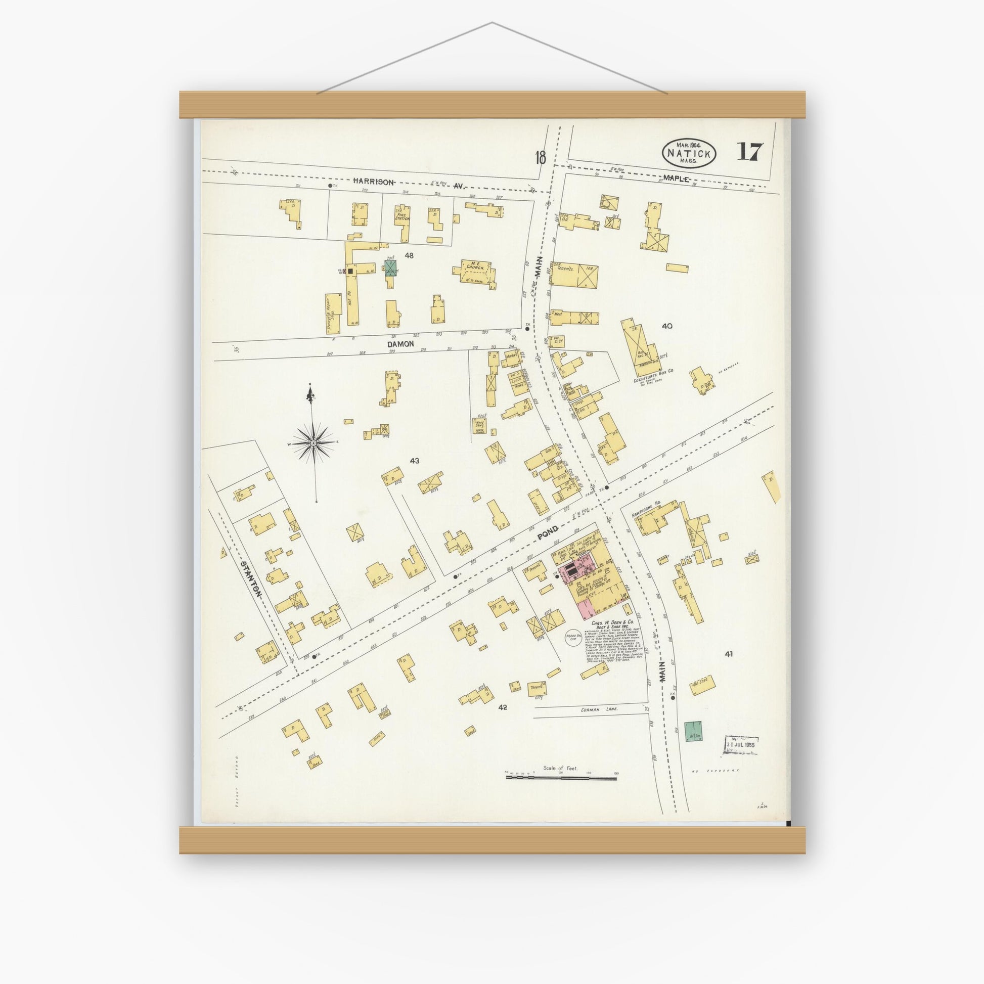 Old map wall art mockup — magnetic wood frame on white wall — Sanborn Fire Insurance Map from Natick, Middlesex County, Massachusetts (1904), Sheet #0017