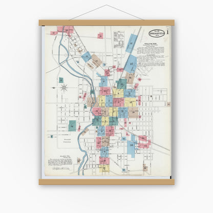 Old map wall art mockup — magnetic wood frame on white wall — Sanborn Fire Insurance Map from Springfield, Clark County, Ohio (1891), Sheet #0001
