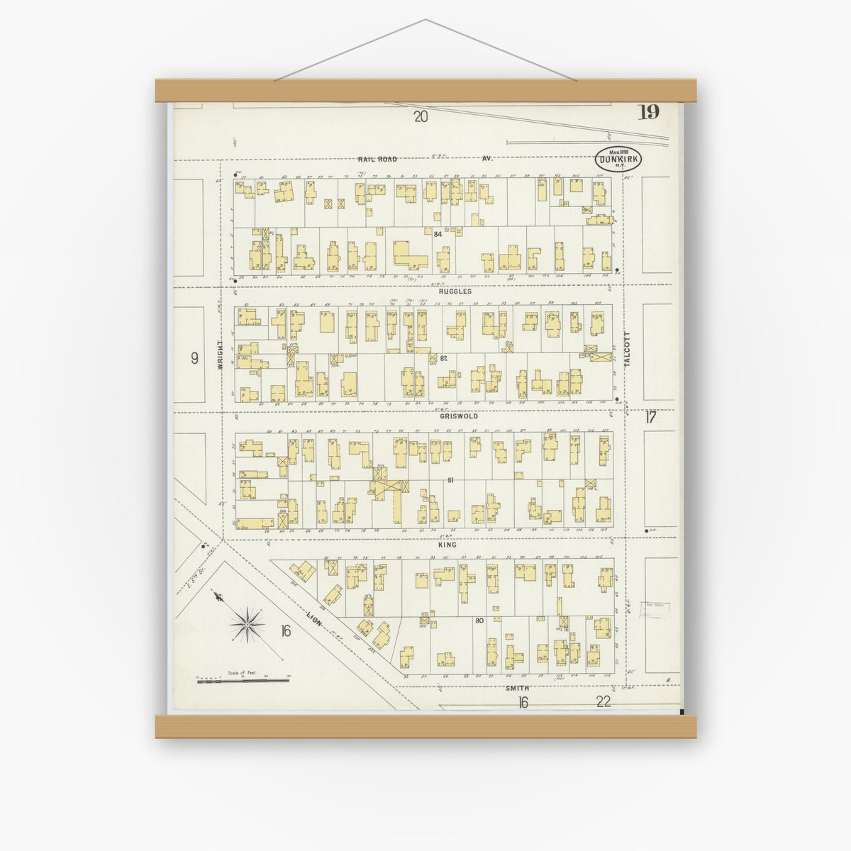 Old map wall art mockup — magnetic wood frame on white wall — Sanborn Fire Insurance Map from Dunkirk, Chautauqua County, New York (1898), Sheet #0019