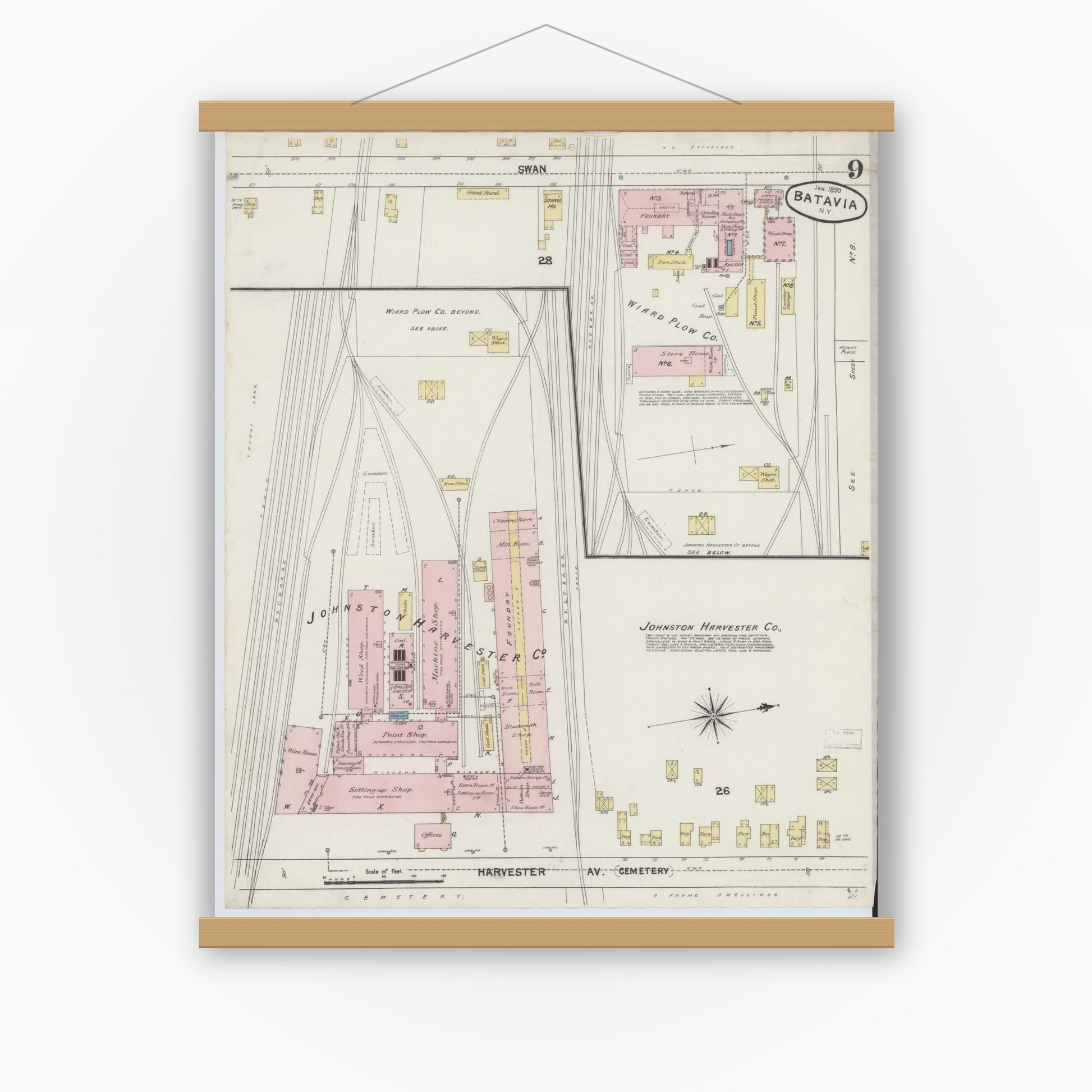 Old map wall art mockup — magnetic wood frame on white wall — Sanborn Fire Insurance Map from Batavia, Genesee County, New York (1890), Sheet #0009