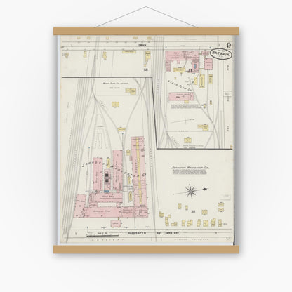 Old map wall art mockup — magnetic wood frame on white wall — Sanborn Fire Insurance Map from Batavia, Genesee County, New York (1890), Sheet #0009
