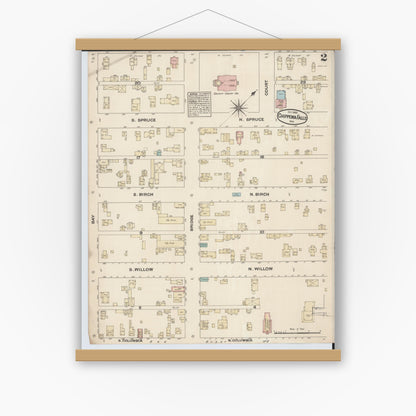 Old map wall art mockup — magnetic wood frame on white wall — Sanborn Fire Insurance Map from Chippewa Falls, Chippewa County, Wisconsin (1883), Sheet #0002