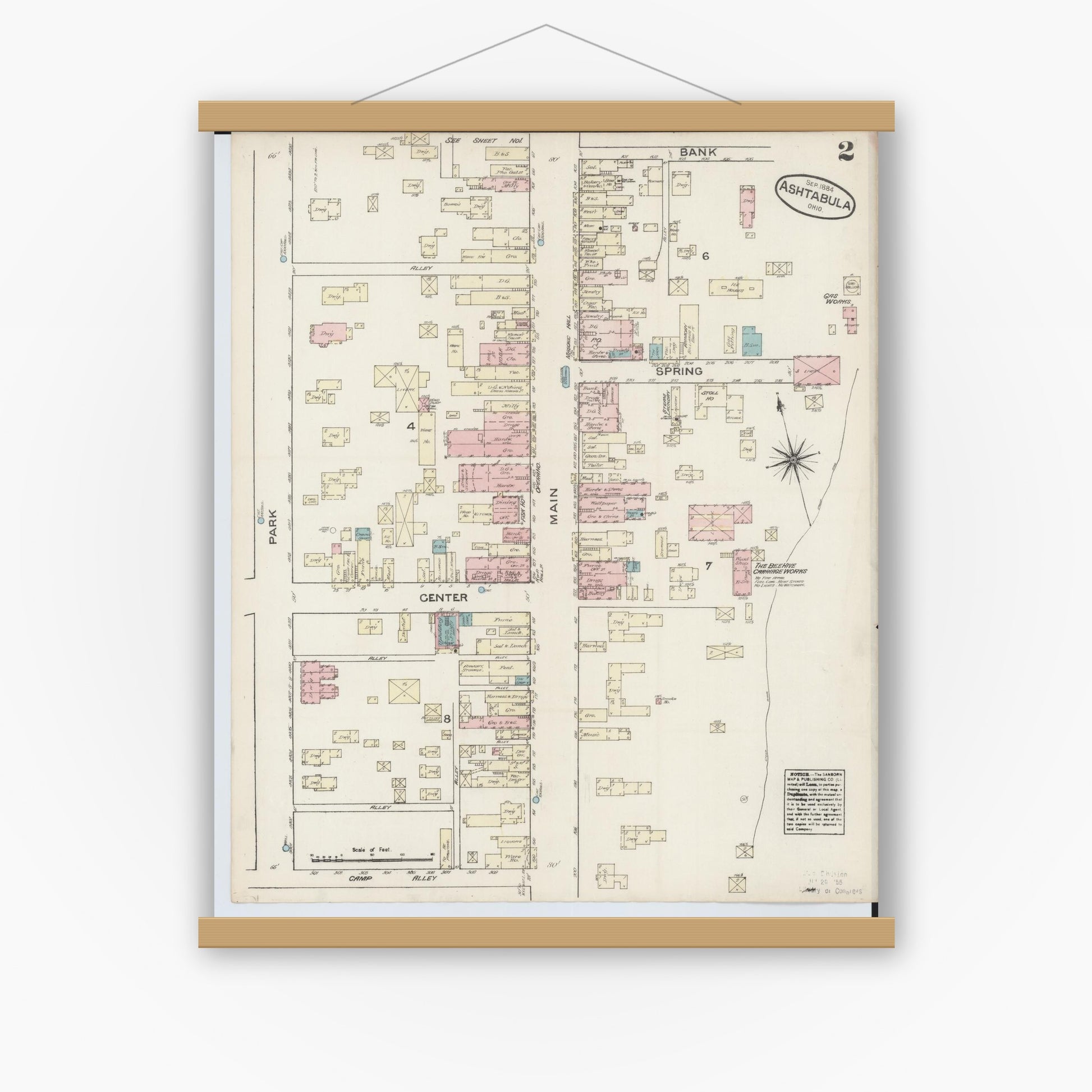 Old map wall art mockup — magnetic wood frame on white wall — Sanborn Fire Insurance Map from Ashtabula, Ashtabula County, Ohio (1884), Sheet #0002