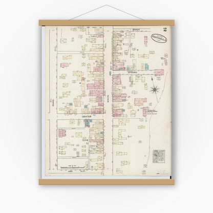 Old map wall art mockup — magnetic wood frame on white wall — Sanborn Fire Insurance Map from Ashtabula, Ashtabula County, Ohio (1884), Sheet #0002