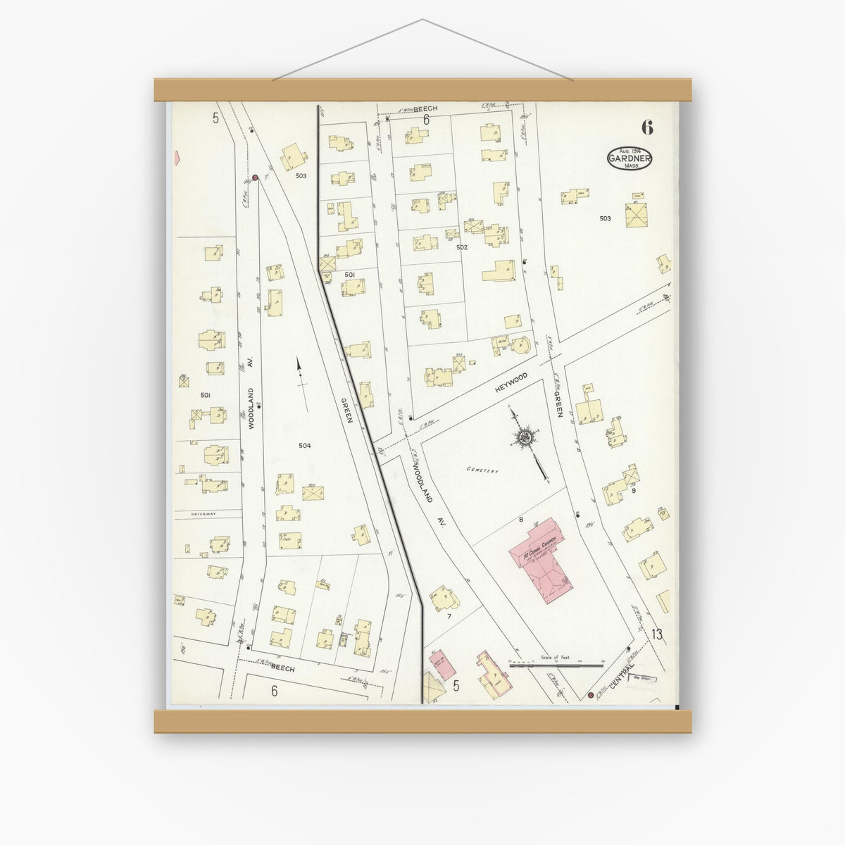 Old map wall art mockup — magnetic wood frame on white wall — Sanborn Fire Insurance Map from Gardner, Worcester County, Massachusetts (1914), Sheet #0006