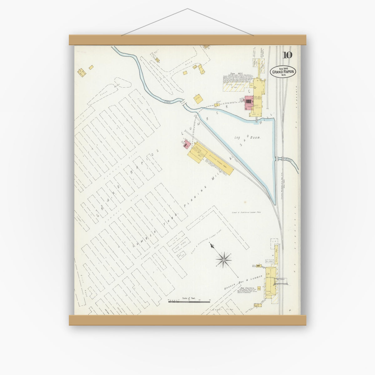 Old map wall art mockup — magnetic wood frame on white wall — Sanborn Fire Insurance Map from Grand Rapids, Wood County, Wisconsin (1902), Sheet #0010