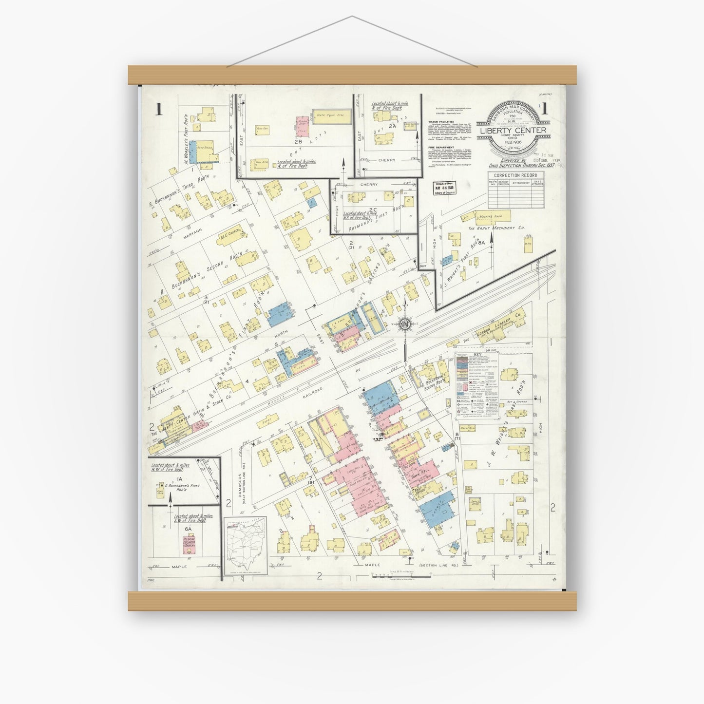 Old map wall art mockup — magnetic wood frame on white wall — Sanborn Fire Insurance Map from Liberty Center, Henry County, Ohio (1938) - Complete Map Set