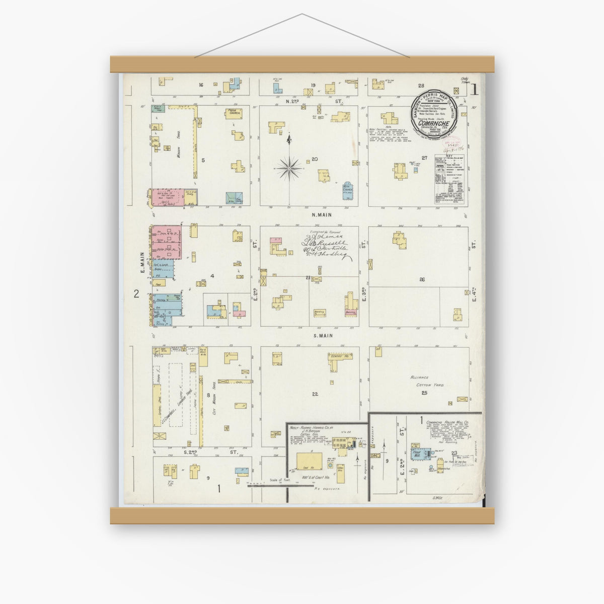 Old map wall art mockup — magnetic wood frame on white wall — Sanborn Fire Insurance Map from Comanche, Comanche County, Texas (1896) - Complete Map Set