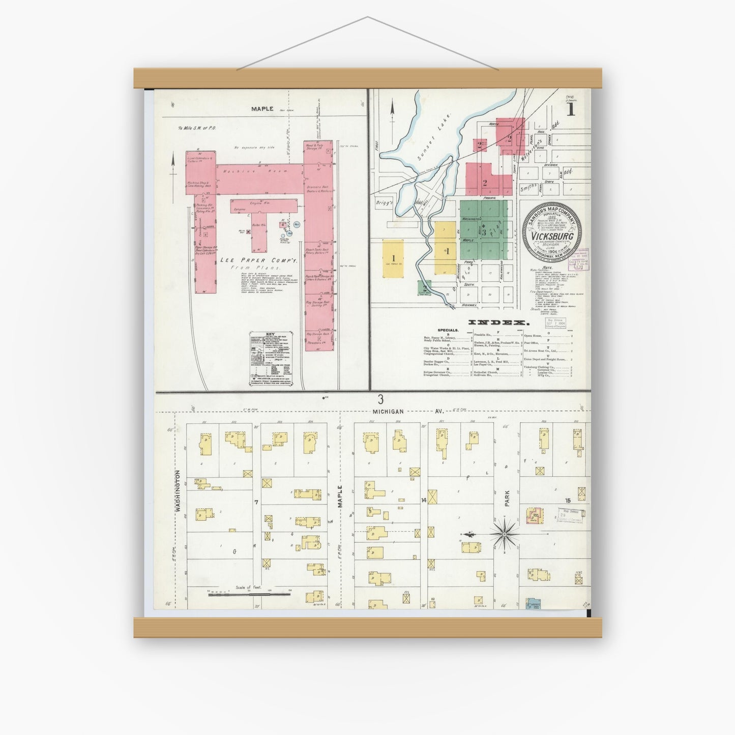 Old map wall art mockup — magnetic wood frame on white wall — Sanborn Fire Insurance Map from Vicksburg, Kalamazoo County, Michigan (1904) - Complete Map Set