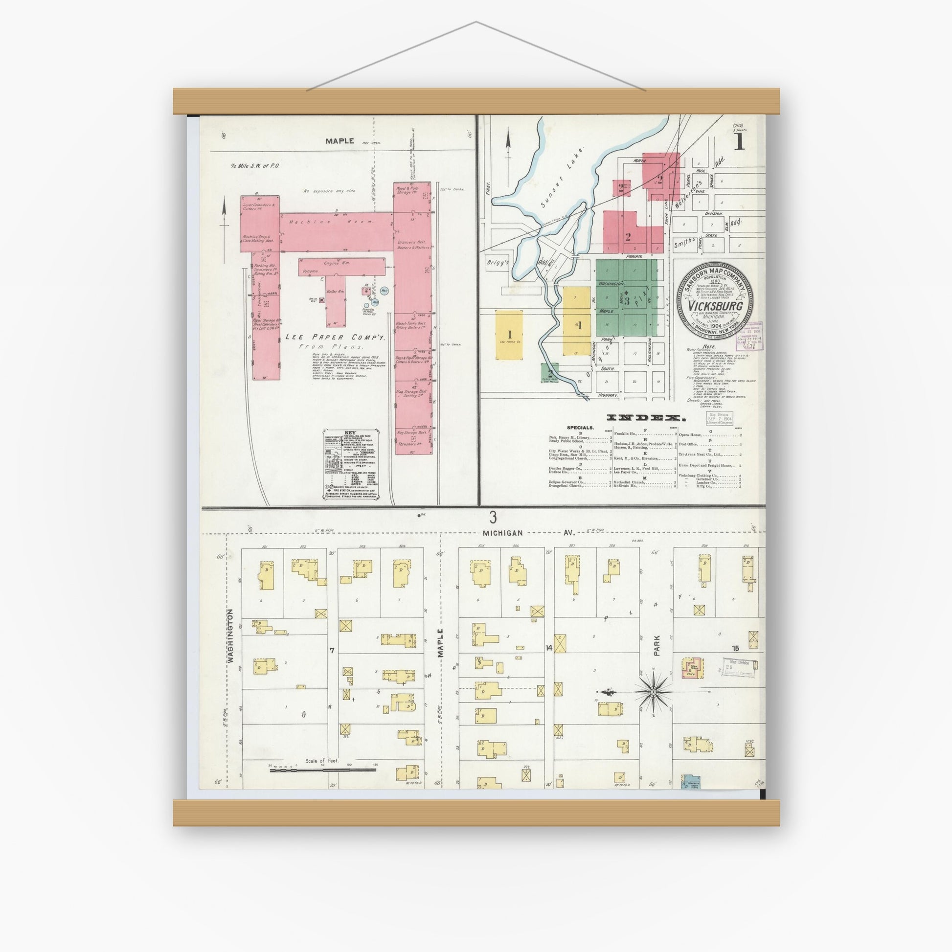 Old map wall art mockup — magnetic wood frame on white wall — Sanborn Fire Insurance Map from Vicksburg, Kalamazoo County, Michigan (1904) - Complete Map Set