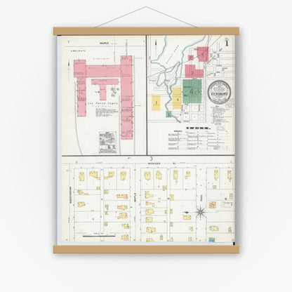Old map wall art mockup — magnetic wood frame on white wall — Sanborn Fire Insurance Map from Vicksburg, Kalamazoo County, Michigan (1904) - Complete Map Set