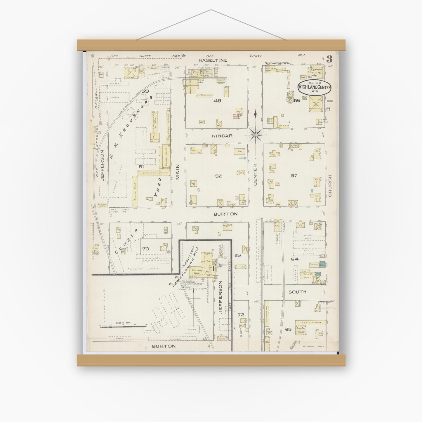 Old map wall art mockup — magnetic wood frame on white wall — Sanborn Fire Insurance Map from Richland Center, Richland County, Wisconsin (1883), Sheet #0003