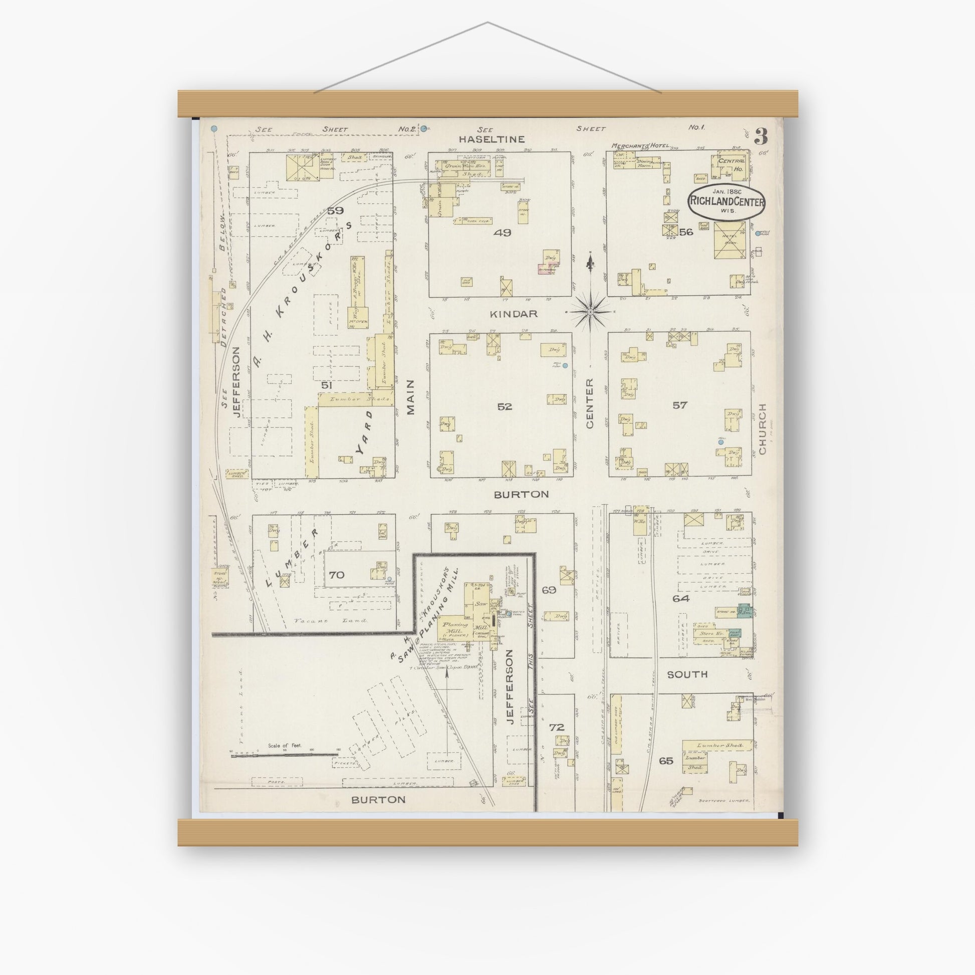 Old map wall art mockup — magnetic wood frame on white wall — Sanborn Fire Insurance Map from Richland Center, Richland County, Wisconsin (1883), Sheet #0003
