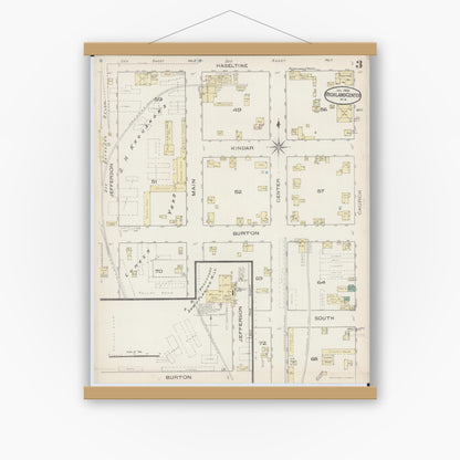 Old map wall art mockup — magnetic wood frame on white wall — Sanborn Fire Insurance Map from Richland Center, Richland County, Wisconsin (1883), Sheet #0003