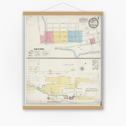 Old map wall art mockup — magnetic wood frame on white wall — Sanborn Fire Insurance Map from Reynoldsville, Jefferson County, Pennsylvania (1894), Sheet #0001