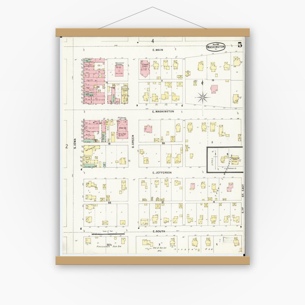Old map wall art mockup — magnetic wood frame on white wall — Sanborn Fire Insurance Map from Washington, Washington County, Iowa (1897), Sheet #0005