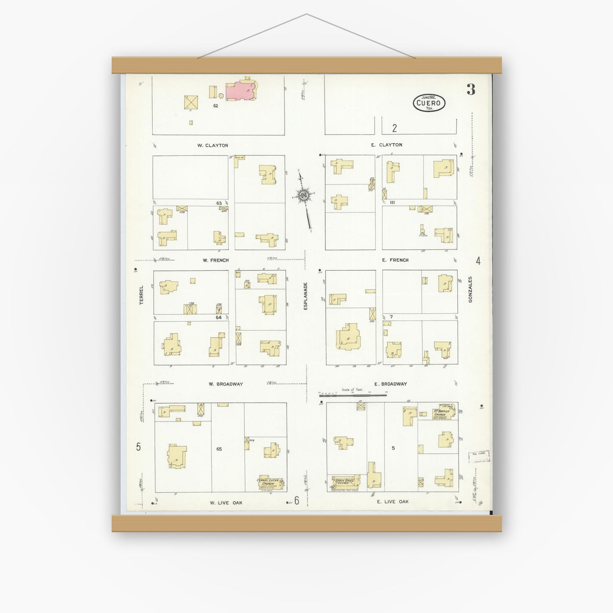 Old map wall art mockup — magnetic wood frame on white wall — Sanborn Fire Insurance Map from Cuero, De Witt County, Texas (1912), Sheet #0003