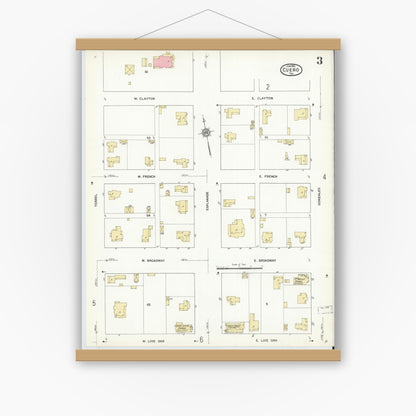 Old map wall art mockup — magnetic wood frame on white wall — Sanborn Fire Insurance Map from Cuero, De Witt County, Texas (1912), Sheet #0003