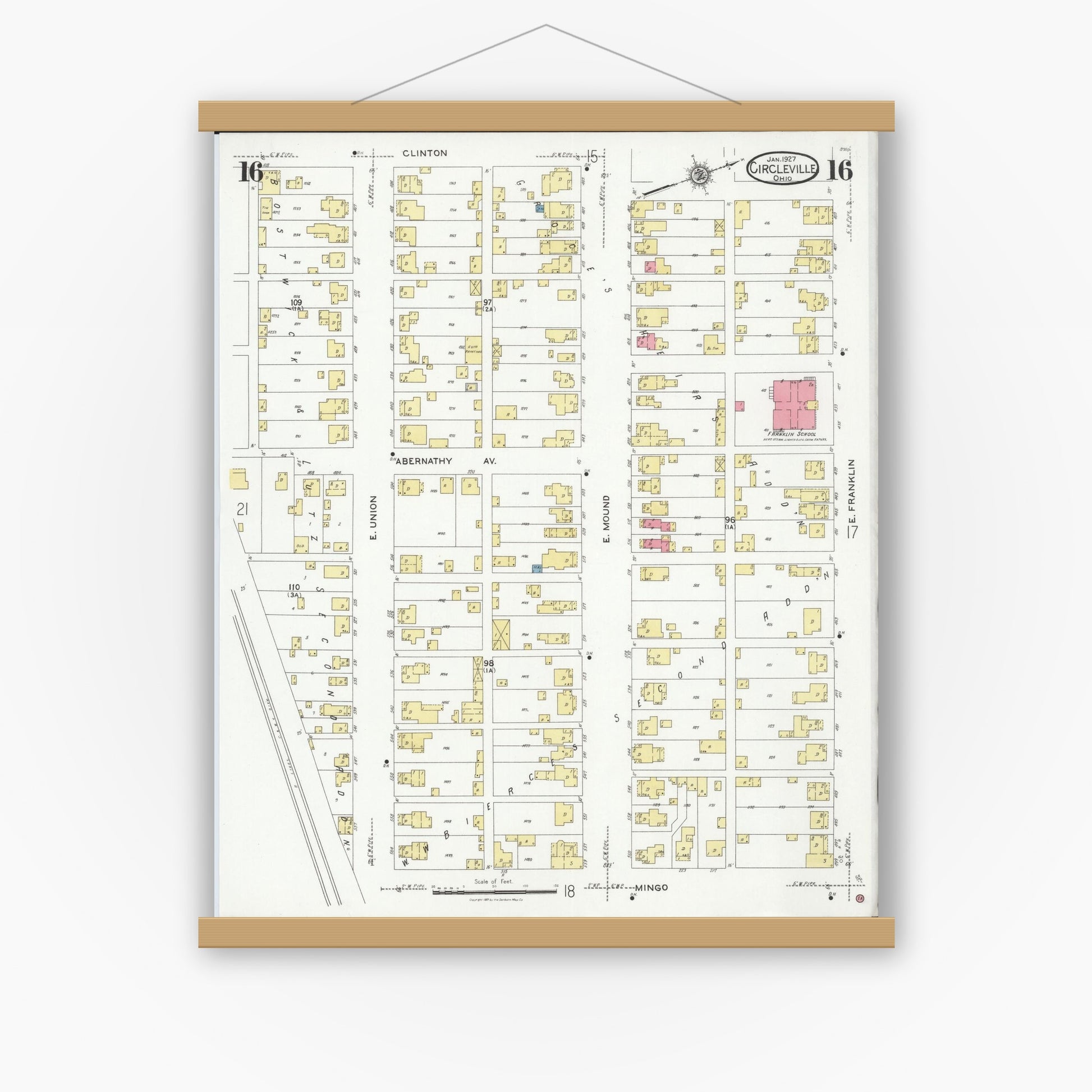 Old map wall art mockup — magnetic wood frame on white wall — Sanborn Fire Insurance Map from Circleville, Pickaway County, Ohio (1927), Sheet #0016
