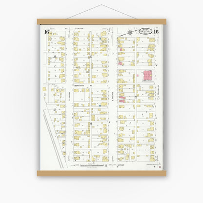 Old map wall art mockup — magnetic wood frame on white wall — Sanborn Fire Insurance Map from Circleville, Pickaway County, Ohio (1927), Sheet #0016