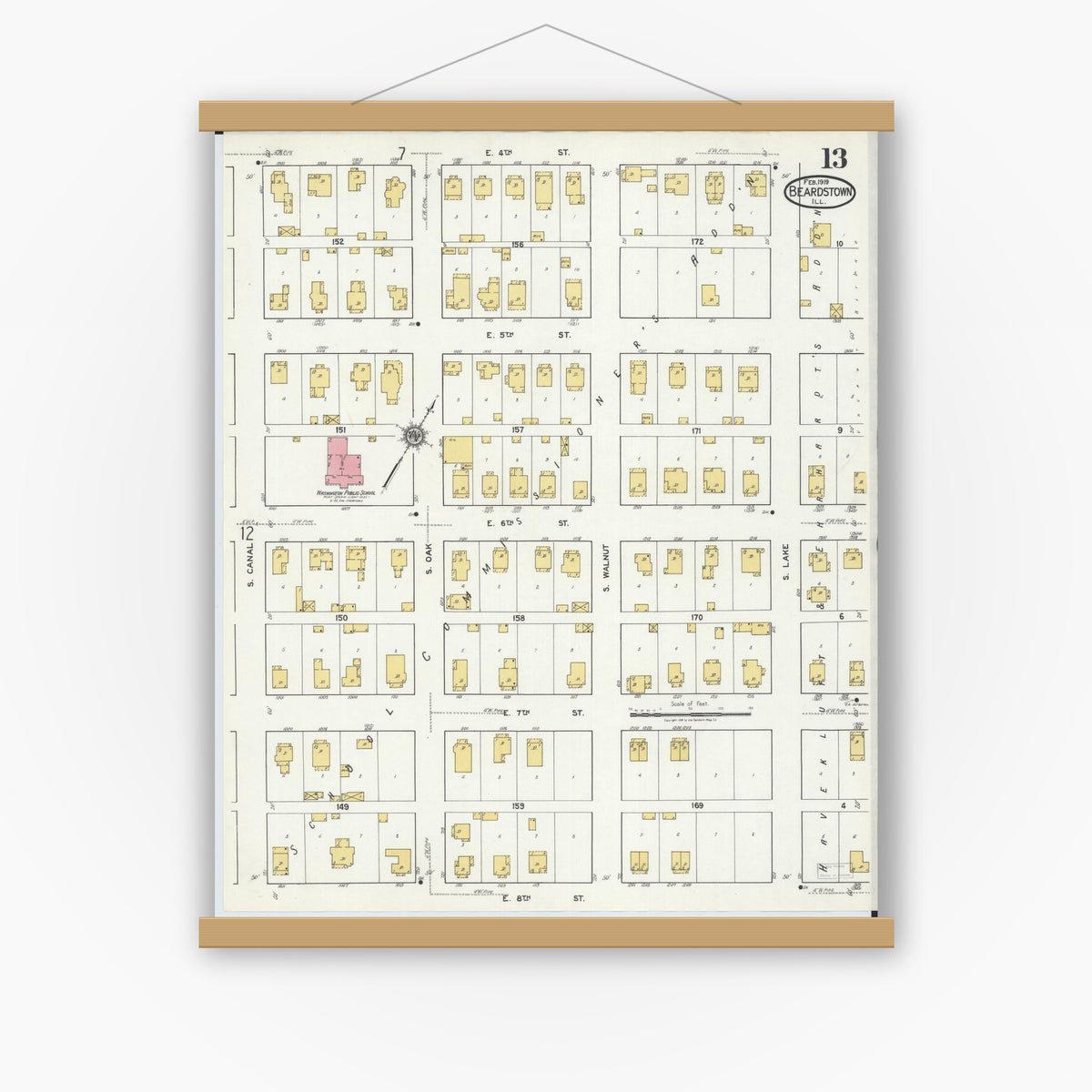 Old map wall art mockup — magnetic wood frame on white wall — Sanborn Fire Insurance Map from Beardstown, Cass County, Illinois (1919), Sheet #0013