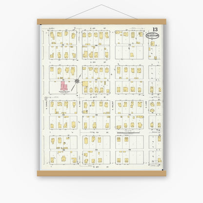 Old map wall art mockup — magnetic wood frame on white wall — Sanborn Fire Insurance Map from Beardstown, Cass County, Illinois (1919), Sheet #0013