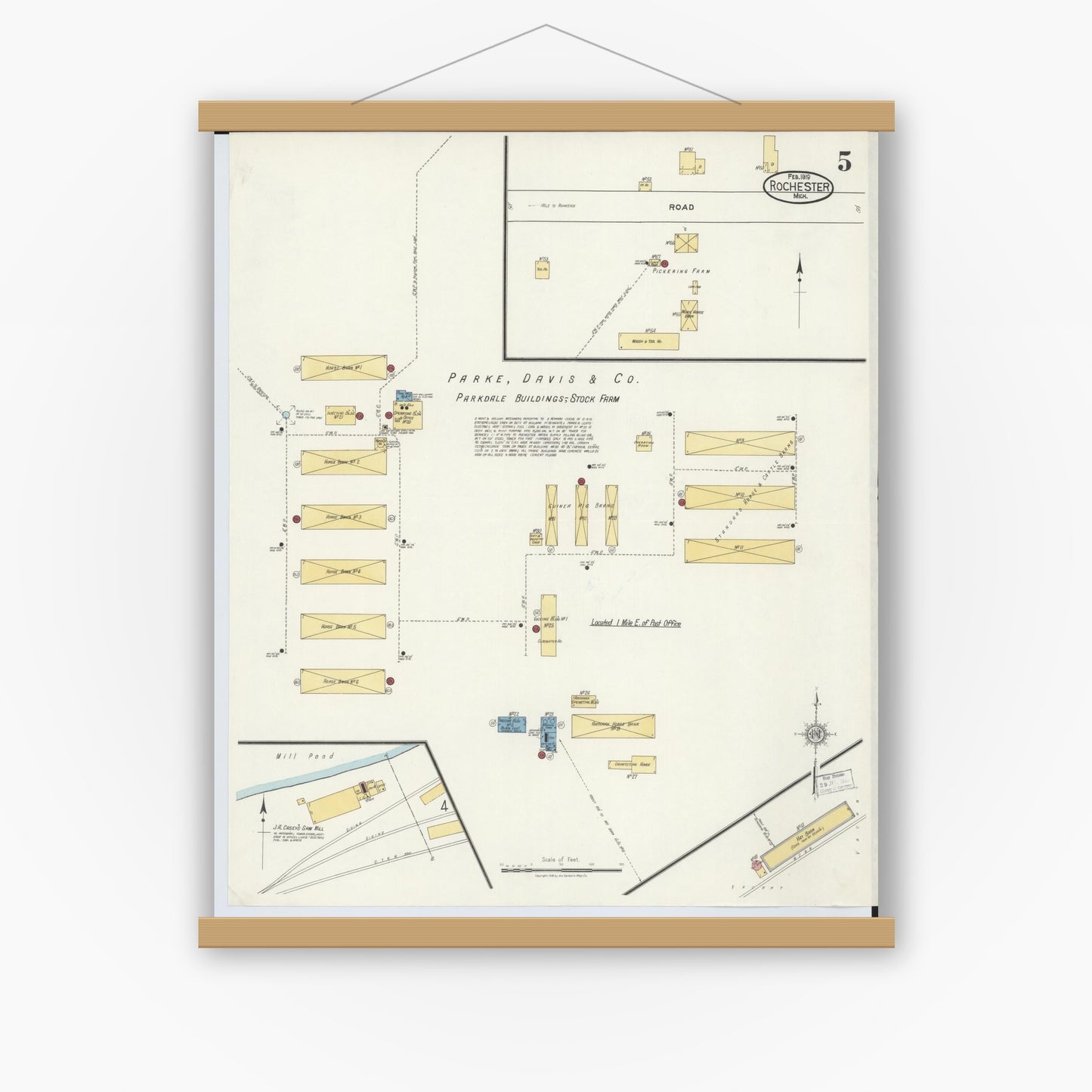 Old map wall art mockup — magnetic wood frame on white wall — Sanborn Fire Insurance Map from Rochester, Oakland County, Michigan (1919), Sheet #0005