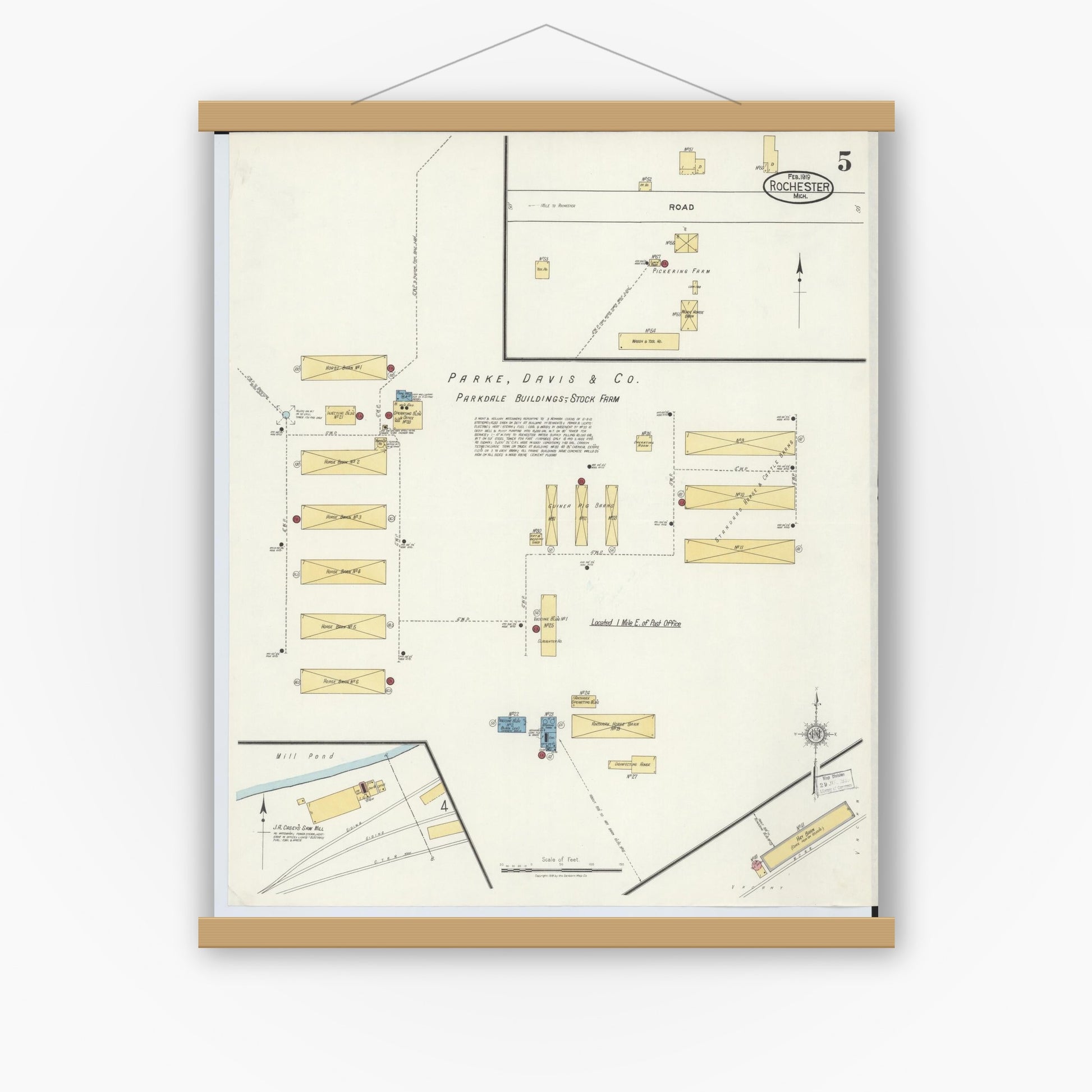 Old map wall art mockup — magnetic wood frame on white wall — Sanborn Fire Insurance Map from Rochester, Oakland County, Michigan (1919), Sheet #0005