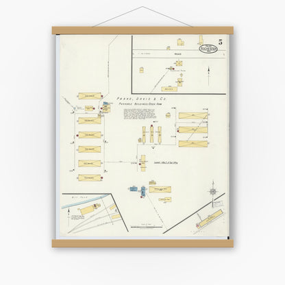 Old map wall art mockup — magnetic wood frame on white wall — Sanborn Fire Insurance Map from Rochester, Oakland County, Michigan (1919), Sheet #0005
