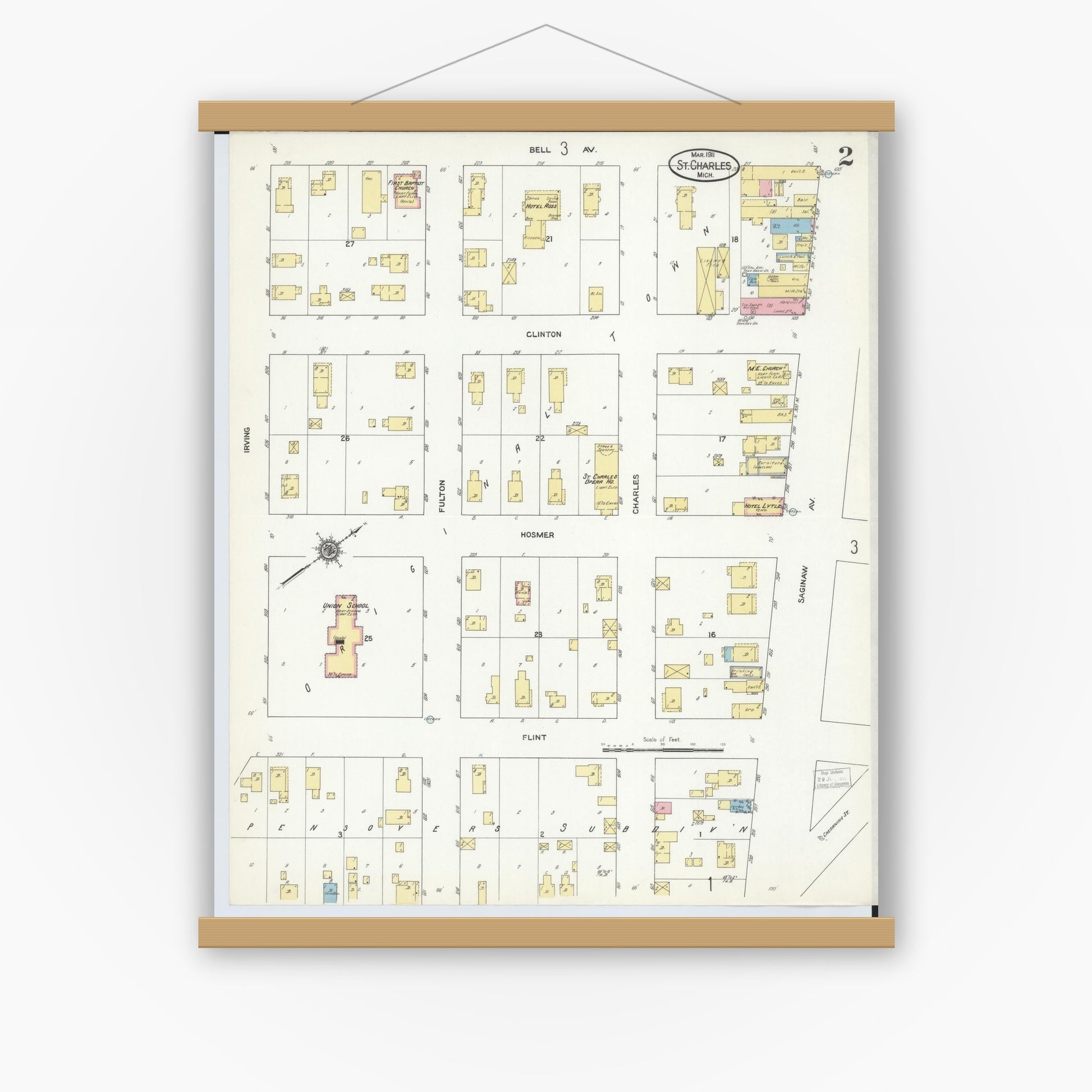 Old map wall art mockup — magnetic wood frame on white wall — Sanborn Fire Insurance Map from Saint Charles, Saginaw County, Michigan (1911), Sheet #0002