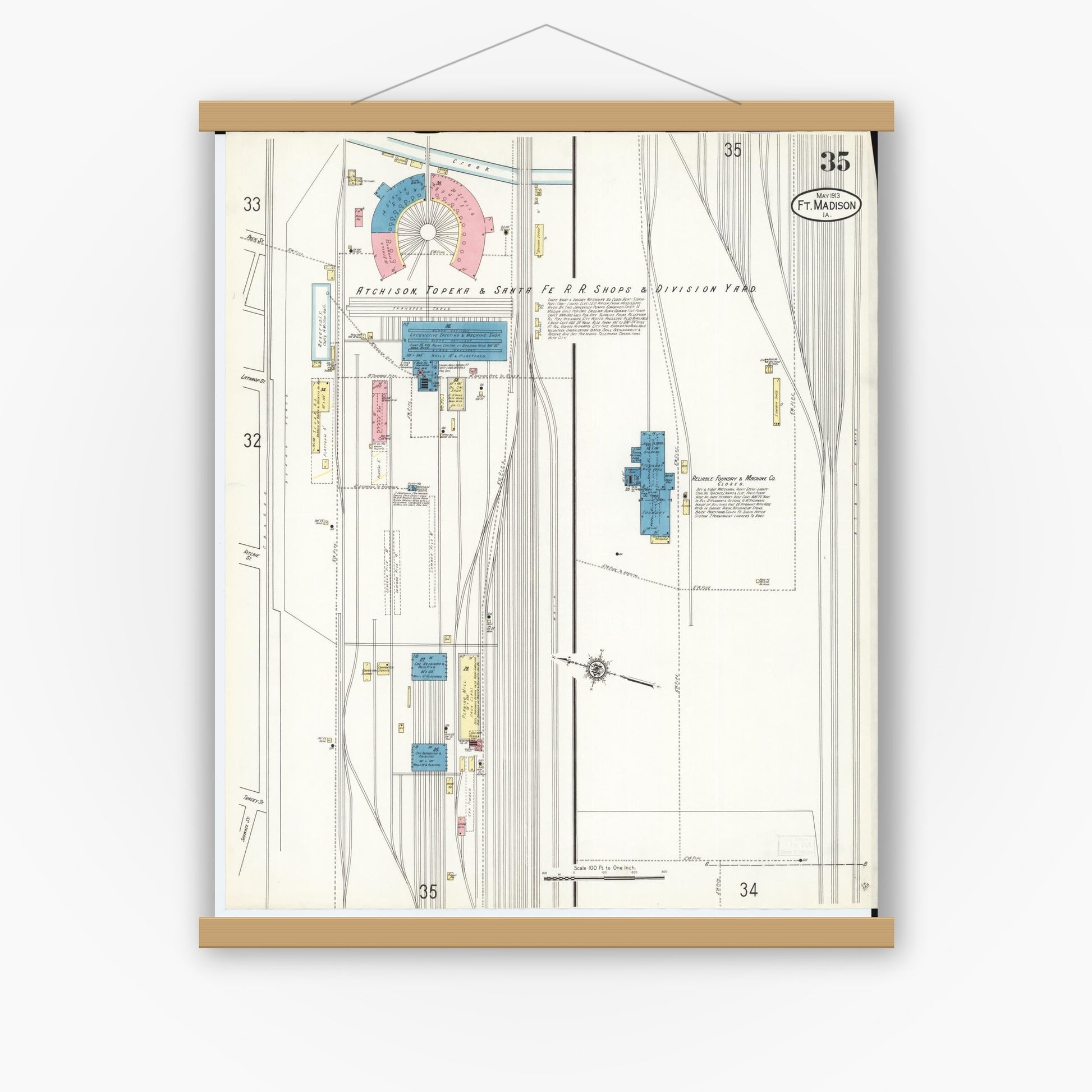 Old map wall art mockup — magnetic wood frame on white wall — Sanborn Fire Insurance Map from Fort Madison, Lee County, Iowa (1913), Sheet #0035