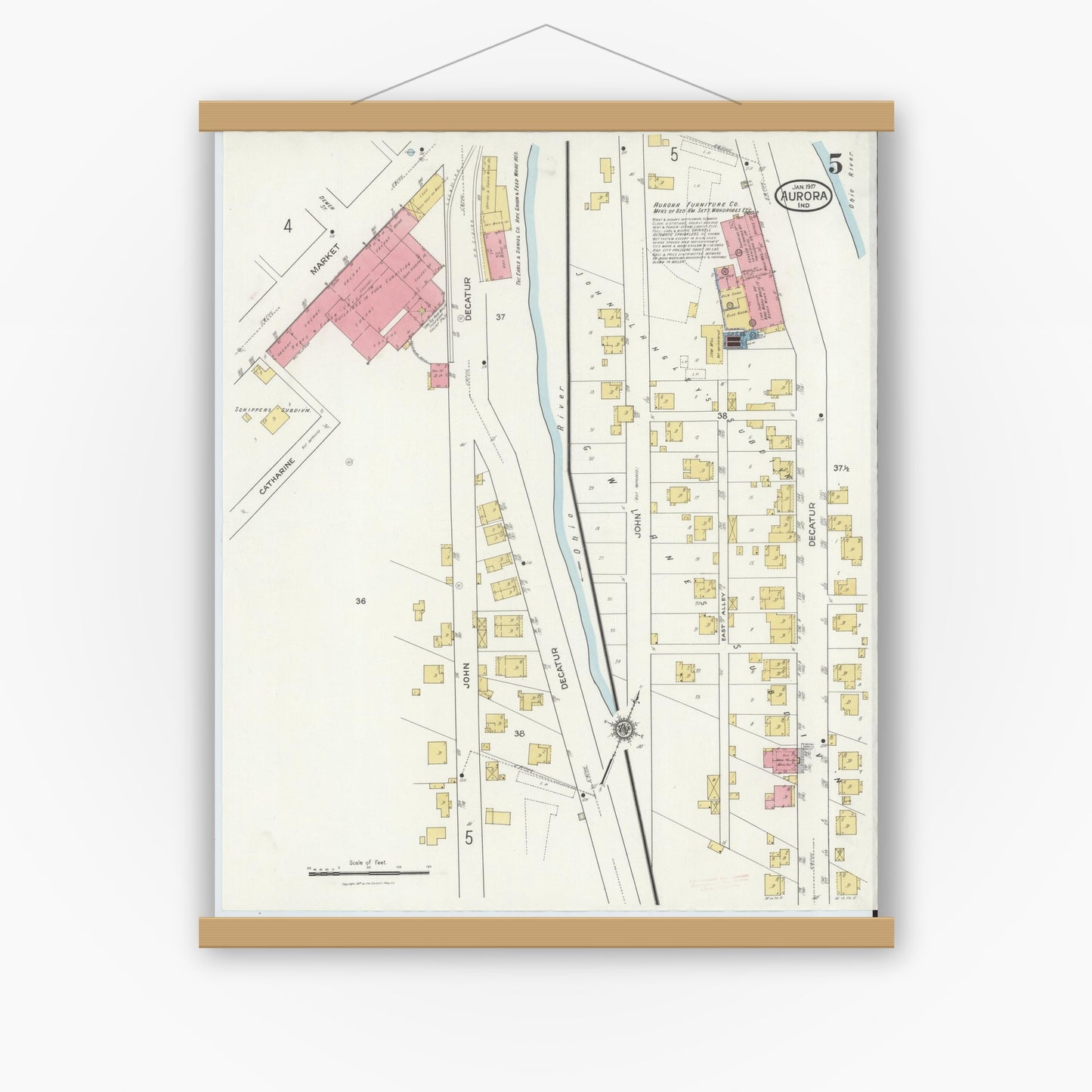Old map wall art mockup — magnetic wood frame on white wall — Sanborn Fire Insurance Map from Aurora, Dearborn County, Indiana (1917), Sheet #0005