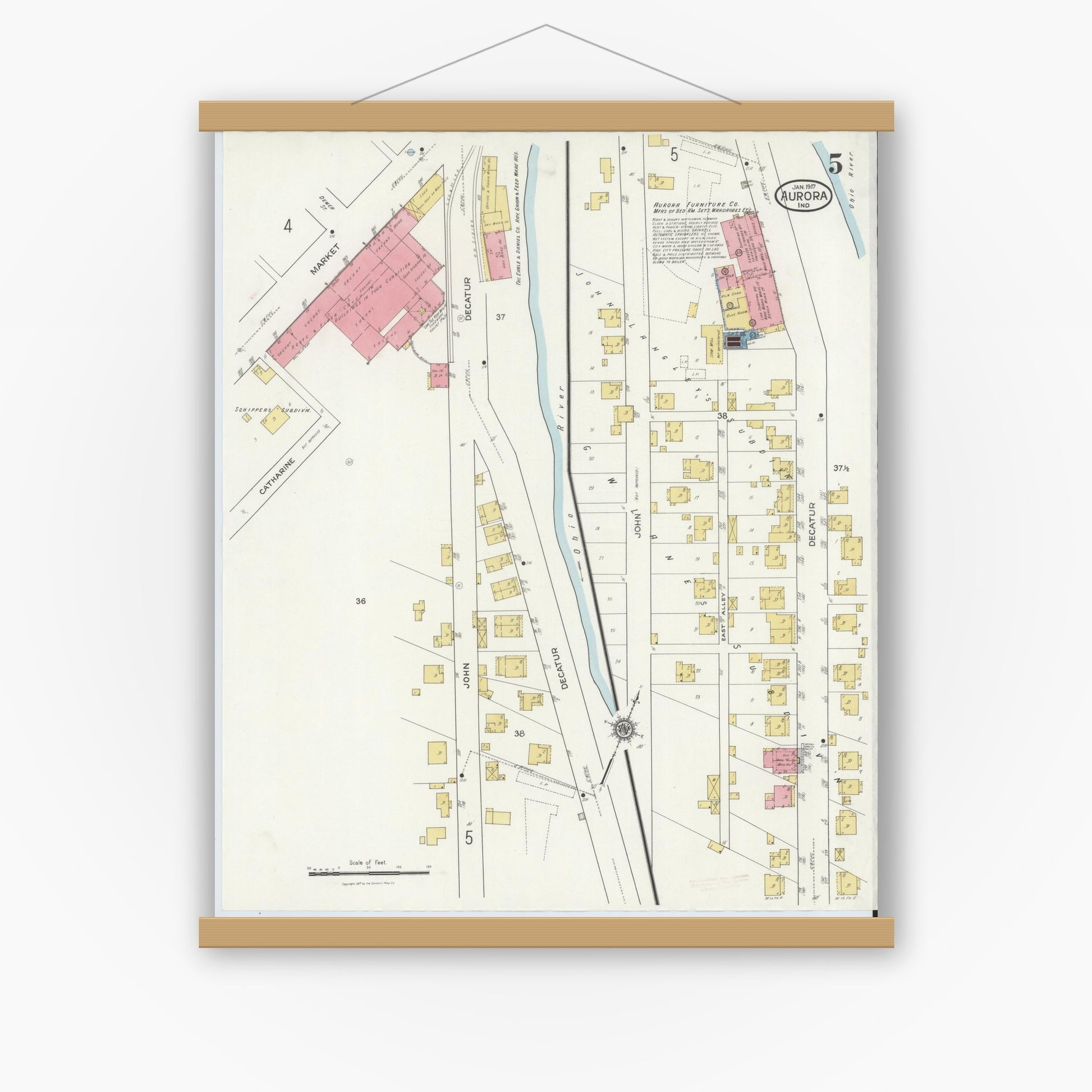 Old map wall art mockup — magnetic wood frame on white wall — Sanborn Fire Insurance Map from Aurora, Dearborn County, Indiana (1917), Sheet #0005